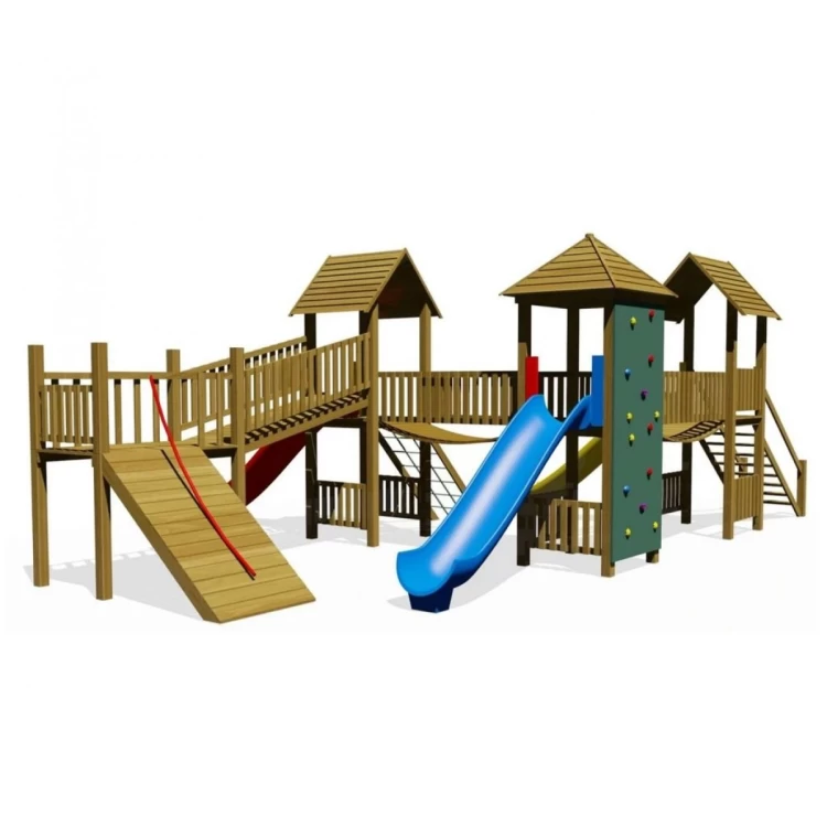 Anaokulu Çift Kaydıraklı Ahşap Çocuk Parkı