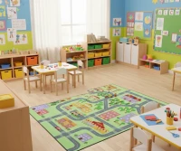 Yeşil Küçük Kasaba Desenli Anaokulu Sınıf  Halısı 100x150 cm