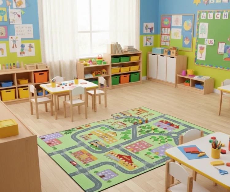 Yeşil Küçük Kasaba Desenli Anaokulu Sınıf  Halısı 100x150 cm