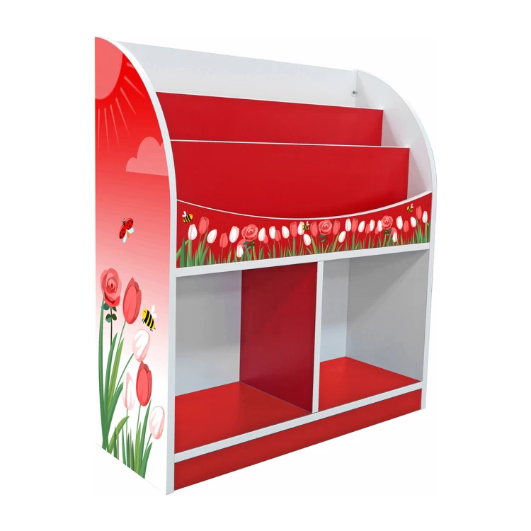 Anaokulu Ahşap Lale ve Gül Desenli Kitaplık