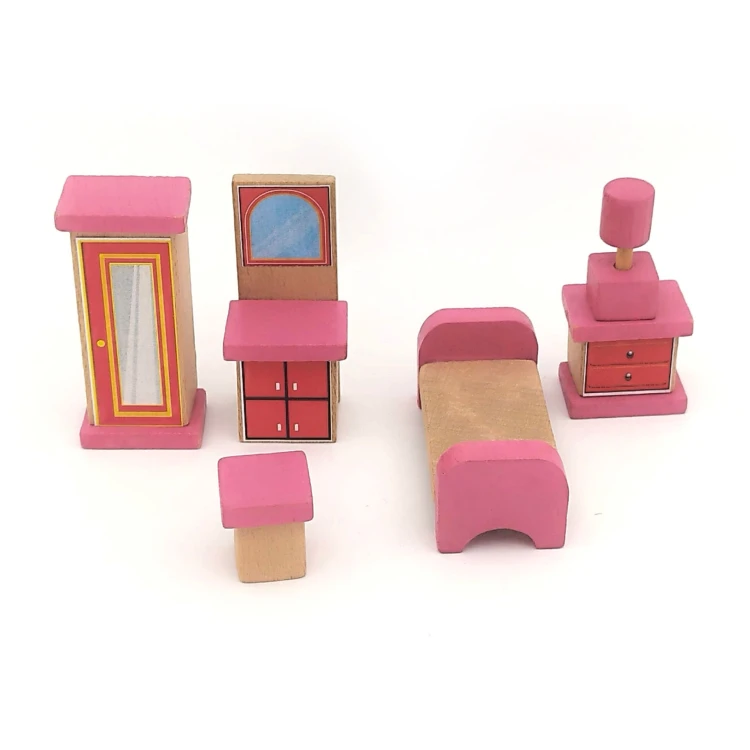 Pembe Ahşap Minyatür Yatak Odası 6 Parça