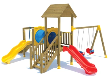 Tünelli Çift Kaydıraklı Ahşap Oyun Parkı 8 Kişilik