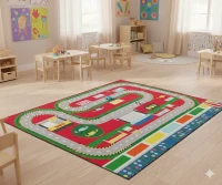 Kırmızı İstasyon Desenli Anaokulu Sınıf  Halısı 200*290 cm