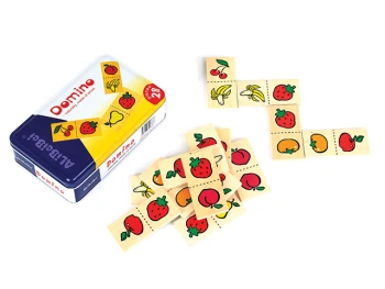 Meyve Desenli Ahşap Domino Metal Kutulu