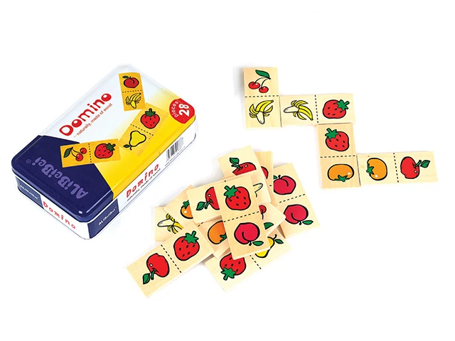Meyve Desenli Ahşap Domino Metal Kutulu