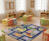 Gri Küçük Kasaba Desenli Anaokulu Sınıf  Halısı 140*190 cm