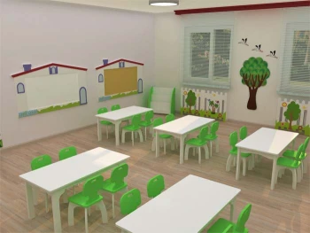 Ev Panolu Anaokulu Sınıf Konsepti Beyaz Yeşil
