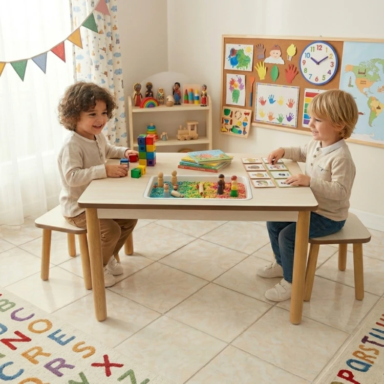 Tek Kapaklı Ahşap Anaokulu Etkinlik Masası