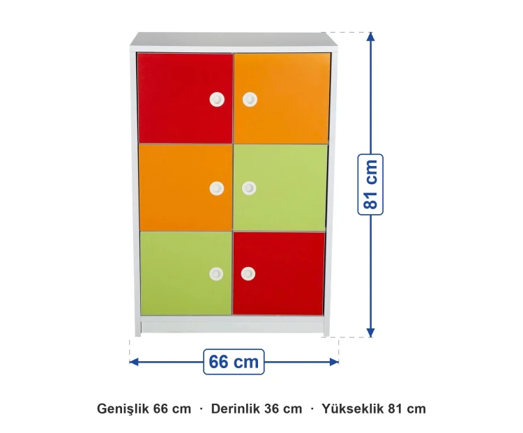 6 Kapaklı Dolap 66x36x81 cm ölçüleri: genişlik 66 cm, derinlik 36 cm, yükseklik 81 cm