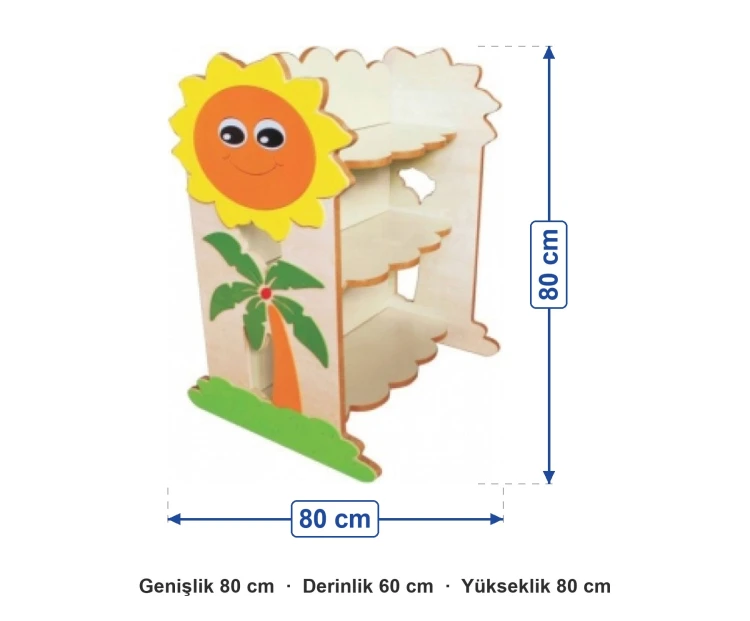Güneş Figürlü Kitaplık 80x60x80 cm ölçüleri: genişlik 80 cm, derinlik 60 cm, yükseklik 80 cm