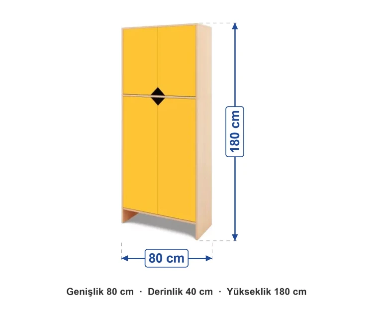 Dört Kapaklı Uzun Dolap 80x40x180 cm ölçüleri: genişlik 80 cm, derinlik 40 cm, yükseklik 180 cm