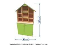 Çatılı Ev Kitaplık Alt Kapaklı 90x37x180 cm ölçüleri: genişlik 90 cm, derinlik 37 cm, yükseklik 180 cm