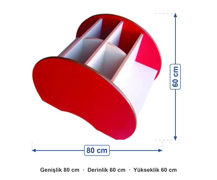 Silindir Oturaklı Kitaplık 80x60x60 cm ölçüleri: genişlik 80 cm, derinlik 60 cm, yükseklik 60 cm