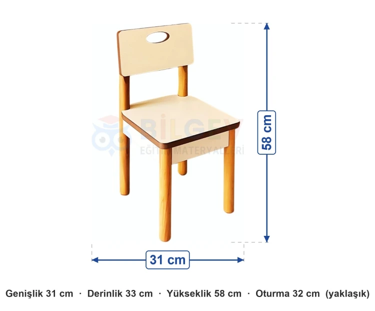 Beyaz Ahşap Anaokulu Sandalye ölçüleri: genişlik 31 cm, derinlik 33 cm, yükseklik 58 cm, oturma 32 cm (yaklaşık)