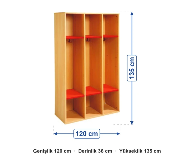Oturaklı Üç Bölmeli Açık Vestiyer 120x36x135 cm ölçüleri: genişlik 120 cm, derinlik 36 cm, yükseklik 135 cm
