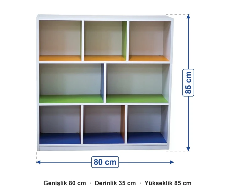 8 Bölmeli Açık Raflı Dolap 80x35x85 cm ölçüleri: genişlik 80 cm, derinlik 35 cm, yükseklik 85 cm