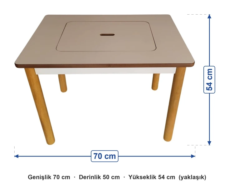 50x70 Tek Havuzlu Aktivite Masası ölçüleri: genişlik 70 cm, derinlik 50 cm, yükseklik 54 cm (yaklaşık)