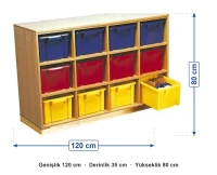 Renkli 12 Kutulu Dolap 120x35x80 cm ölçüleri: genişlik 120 cm, derinlik 35 cm, yükseklik 80 cm