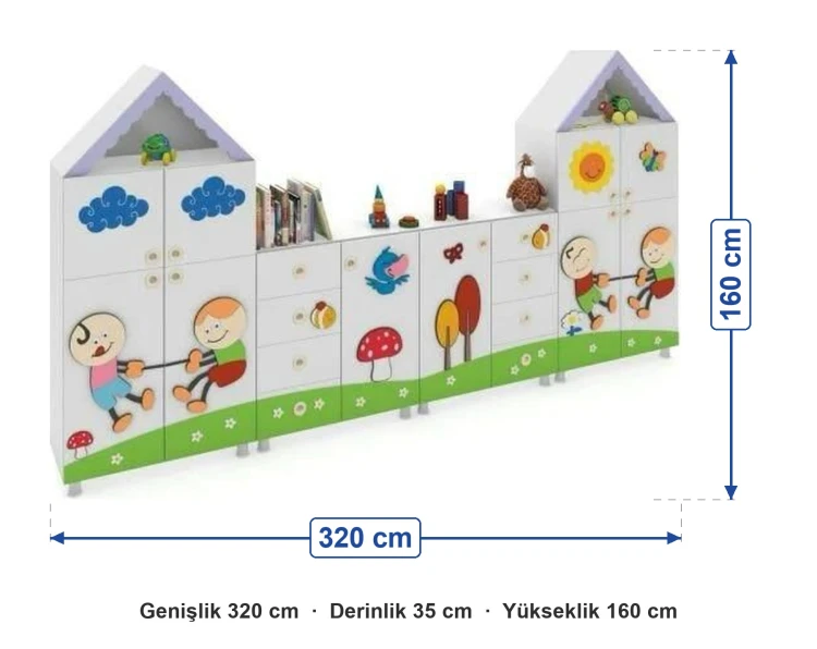 Çatılı Evler Çocuk Figürlü Dolap Seti 320x35x160 cm ölçüleri: genişlik 320 cm, derinlik 35 cm, yükseklik 160 cm