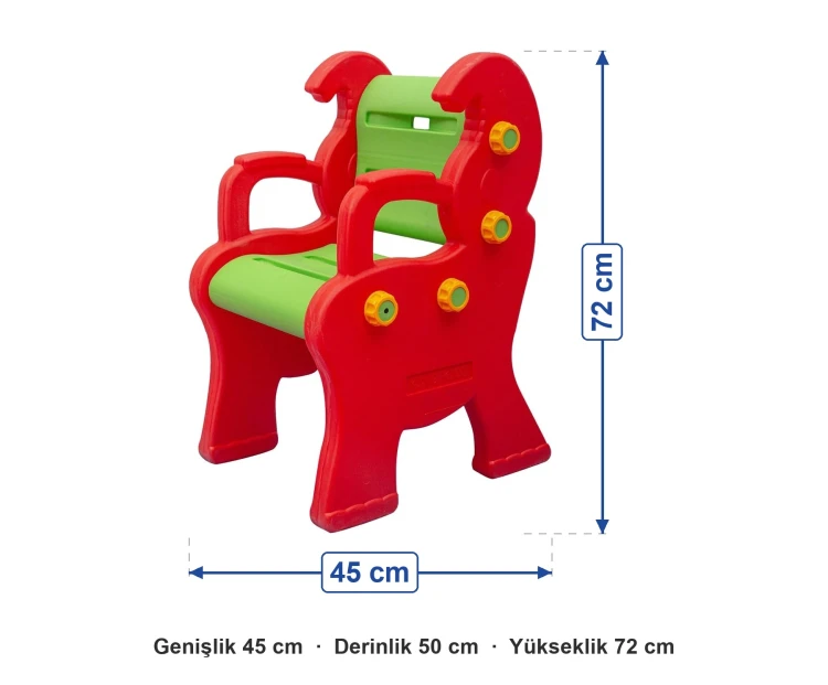 Kral Sandalye Kırmızı ölçüleri: genişlik 45 cm, derinlik 50 cm, yükseklik 72 cm