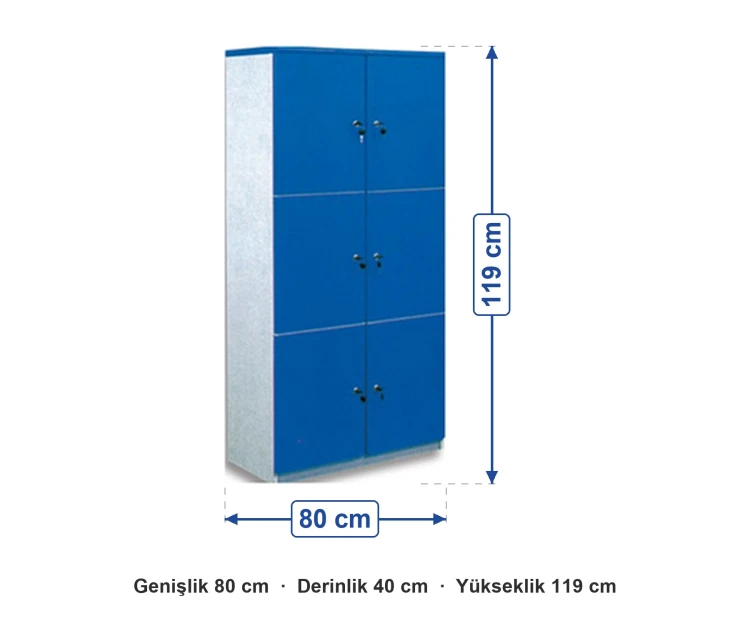 Mavi 6 Kapaklı Kişisel Öğrenci Dolabı 80x40x119 cm ölçüleri: genişlik 80 cm, derinlik 40 cm, yükseklik 119 cm