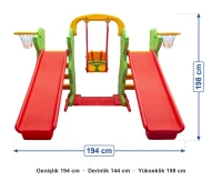 Kaydıraklı Salıncak Set C ölçüleri: genişlik 194 cm, derinlik 144 cm, yükseklik 198 cm