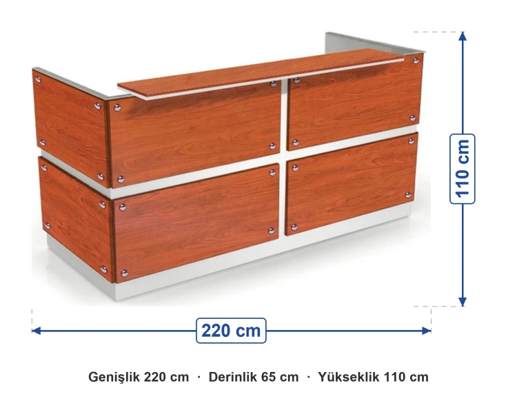 Ahşap Kaplamalı Danışma Bankosu 220x65x110 cm ölçüleri: genişlik 220 cm, derinlik 65 cm, yükseklik 110 cm