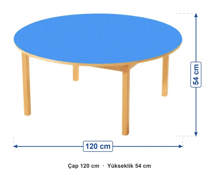 Renkli Tablalı Ahşap Ayaklı Yuvarlak Masa 120 cm ölçüleri: çap 120 cm, yükseklik 54 cm