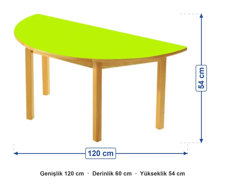 Fıstık Yeşili Ahşap Ayaklı Yarım Daire Masa 120x60x54 cm ölçüleri: genişlik 120 cm, derinlik 60 cm, yükseklik 54 cm
