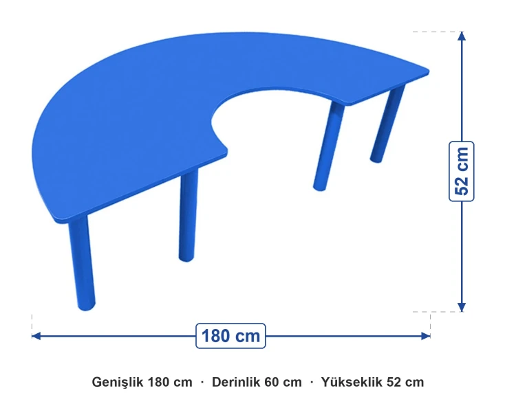 Ahşap Mavi C Masa Metal Ayaklı ölçüleri: genişlik 180 cm, derinlik 60 cm, yükseklik 52 cm
