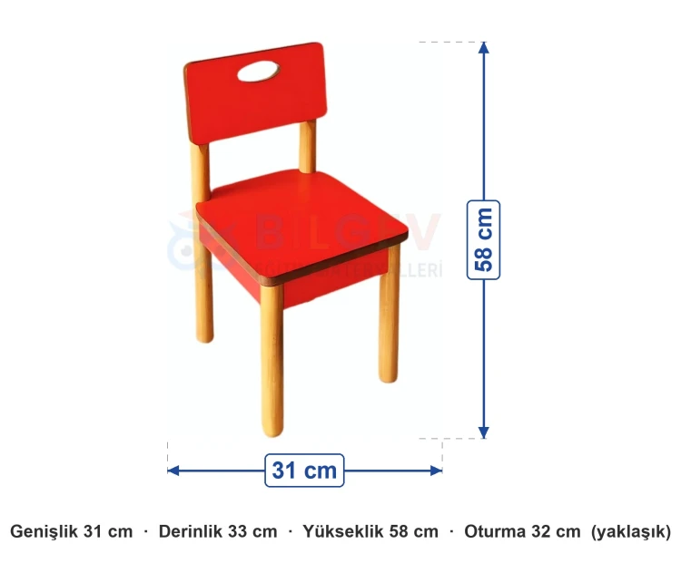 Kırmızı Ahşap Anaokulu Sandalyesi ölçüleri: genişlik 31 cm, derinlik 33 cm, yükseklik 58 cm, oturma 32 cm (yaklaşık)