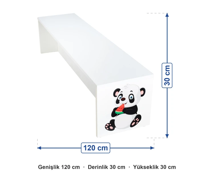 Panda Figürlü Bank 120x30x30 cm ölçüleri: genişlik 120 cm, derinlik 30 cm, yükseklik 30 cm