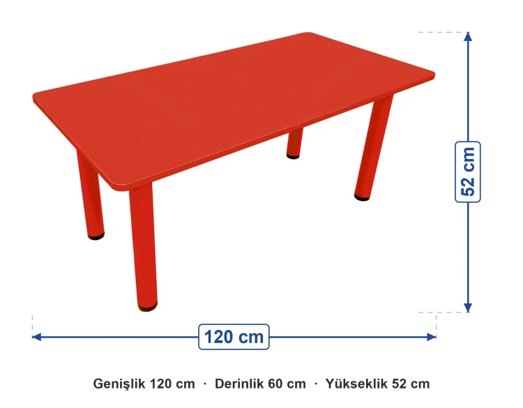 Ahşap 60x120 Kırmızı Masa Metal Ayaklı ölçüleri: genişlik 120 cm, derinlik 60 cm, yükseklik 52 cm
