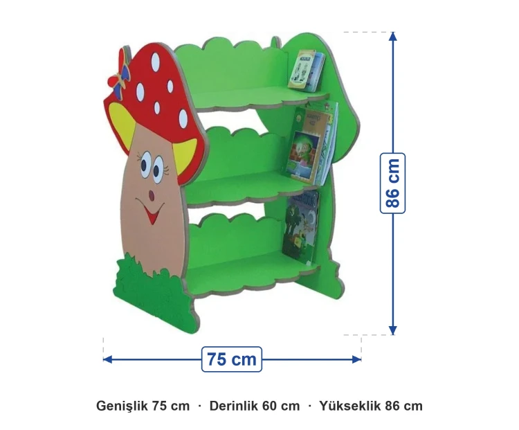 Mantar Figürlü Kitaplık 75x60x86 cm ölçüleri: genişlik 75 cm, derinlik 60 cm, yükseklik 86 cm