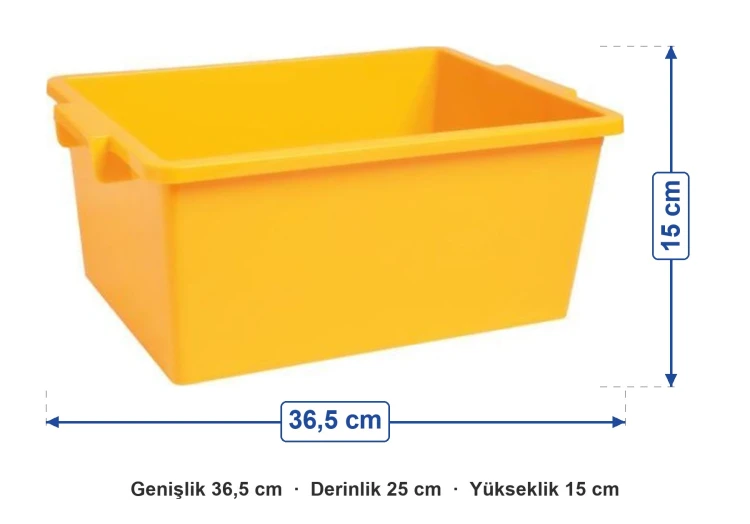 Sarı Plastik Oyuncak Kutusu 9 Litre ölçüleri: genişlik 36,5 cm, derinlik 25 cm, yükseklik 15 cm