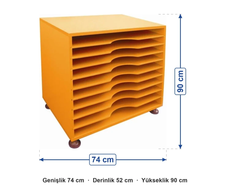 Turuncu Tekerlekli Karton Dolabı 10 Bölmeli 74x52x90 cm ölçüleri: genişlik 74 cm, derinlik 52 cm, yükseklik 90 cm