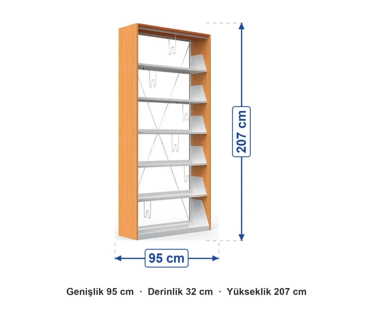 Okul Kütüphanesi Rafı Tekli Tek Yönlü 95x32x207 cm ölçüleri: genişlik 95 cm, derinlik 32 cm, yükseklik 207 cm