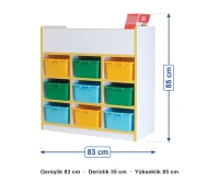 9 Gözlü Kutulu Oyuncak Dolabı 83x35x85 cm ölçüleri: genişlik 83 cm, derinlik 35 cm, yükseklik 85 cm
