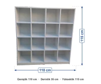 16 Gözlü Açık Raflı Dolap 110x35x115 cm ölçüleri: genişlik 110 cm, derinlik 35 cm, yükseklik 115 cm