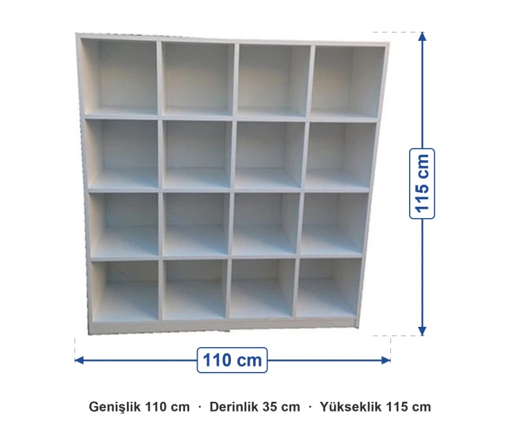 16 Gözlü Açık Raflı Dolap 110x35x115 cm ölçüleri: genişlik 110 cm, derinlik 35 cm, yükseklik 115 cm