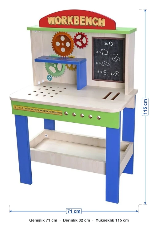 Ahşap tamir tezgâhı ölçüleri: genişlik 71 cm, derinlik 32 cm, yükseklik 115 cm