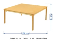Naturel Ahşap Kare Masa 120x120x54 cm ölçüleri: genişlik 120 cm, derinlik 120 cm, yükseklik 54 cm