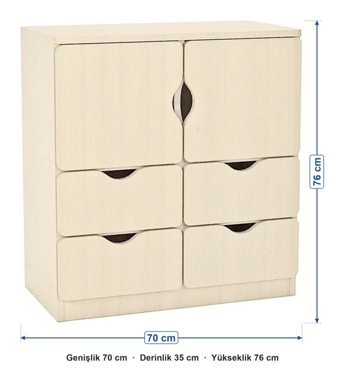 2 Kapaklı 4 Çekmeceli Aytaşı Öğrenci Dolabı ölçüleri: genişlik 70 cm, derinlik 35 cm, yükseklik 76 cm