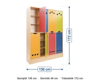 İçi Raflı 8 Kapaklı Boy Öğrenci Dolabı 130x36x172 cm ölçüleri: genişlik 130 cm, derinlik 36 cm, yükseklik 172 cm