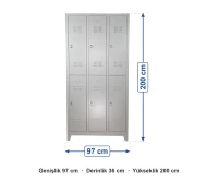 Metal Soyunma Dolabı 6 Kapaklı 97x36x200 cm ölçüleri: genişlik 97 cm, derinlik 36 cm, yükseklik 200 cm