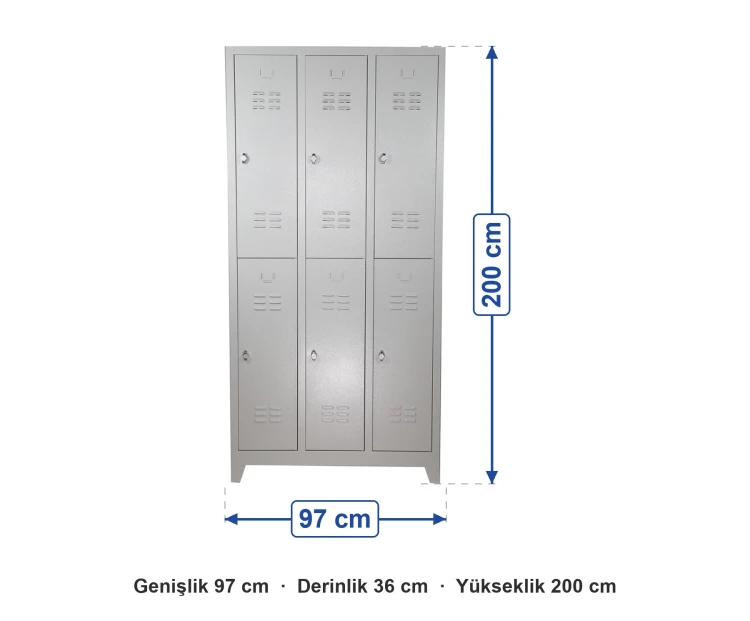 Metal Soyunma Dolabı 6 Kapaklı 97x36x200 cm ölçüleri: genişlik 97 cm, derinlik 36 cm, yükseklik 200 cm