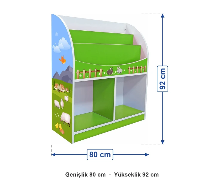 Anaokulu Ahşap Çiftlik Desenli Kitaplık ölçüleri: genişlik 80 cm, yükseklik 92 cm