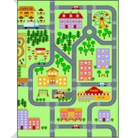 Yeşil Küçük Kasaba Desenli Anaokulu Sınıf  Halısı 100x150 cm