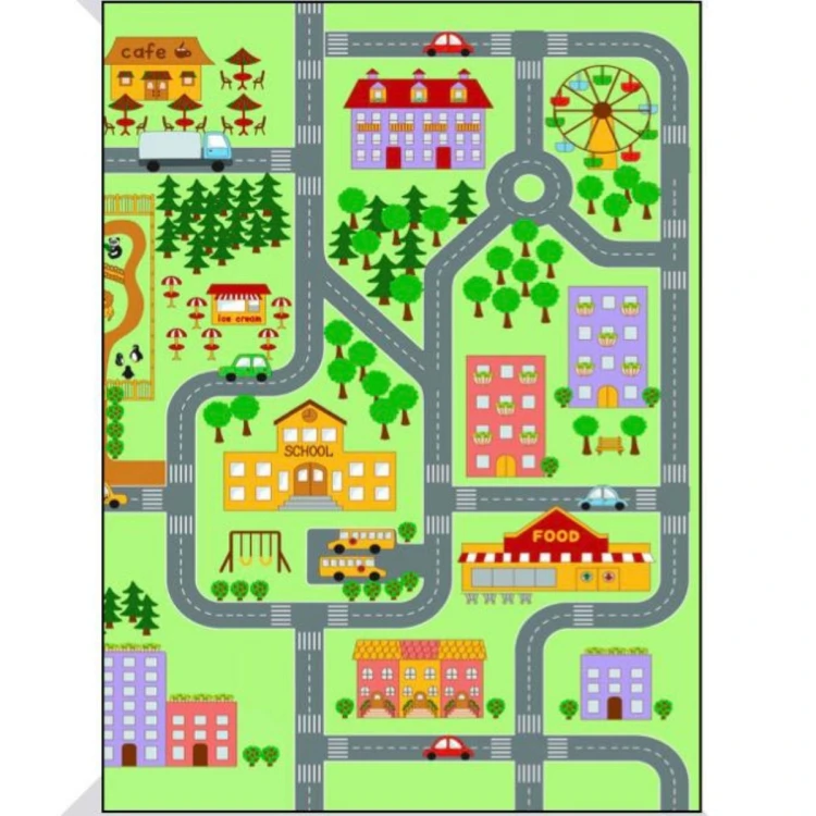 Yeşil Küçük Kasaba Desenli Anaokulu Sınıf  Halısı 100x150 cm