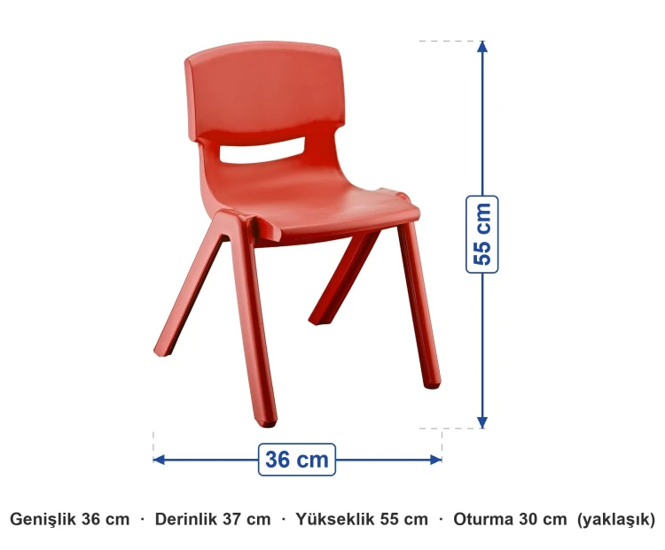 Plastik Anaokulu Sandalyesi Kırmızı (4-6 Yaş) ölçüleri: genişlik 36 cm, derinlik 37 cm, yükseklik 55 cm, oturma 30 cm (yaklaşık)